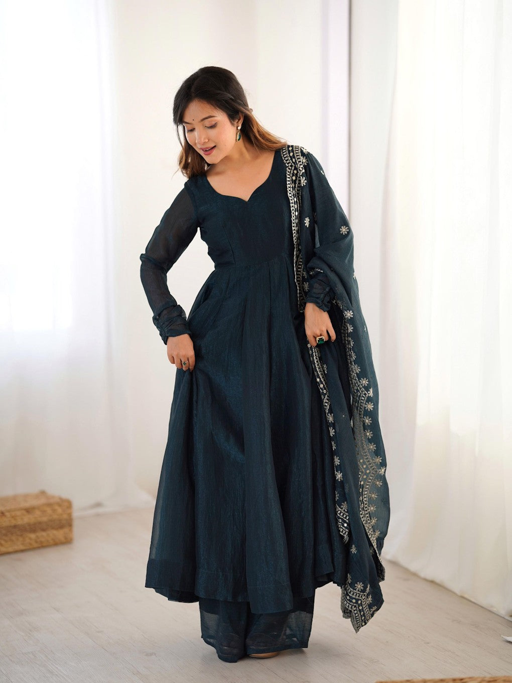 Designer Party Wear Look Gown-Dupatta (Navy Blue) ,(Size L)