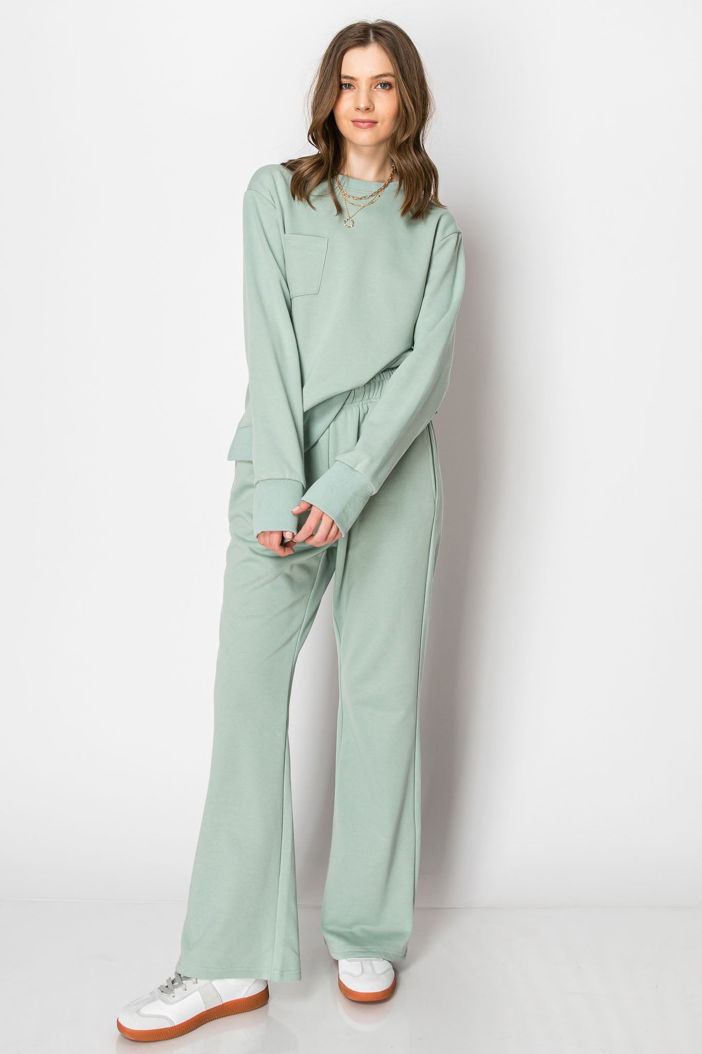 LONG SLEEVE FRENCH TERRY CASUAL COZY FALL LOUNGE SET  CREW NECK WIDE