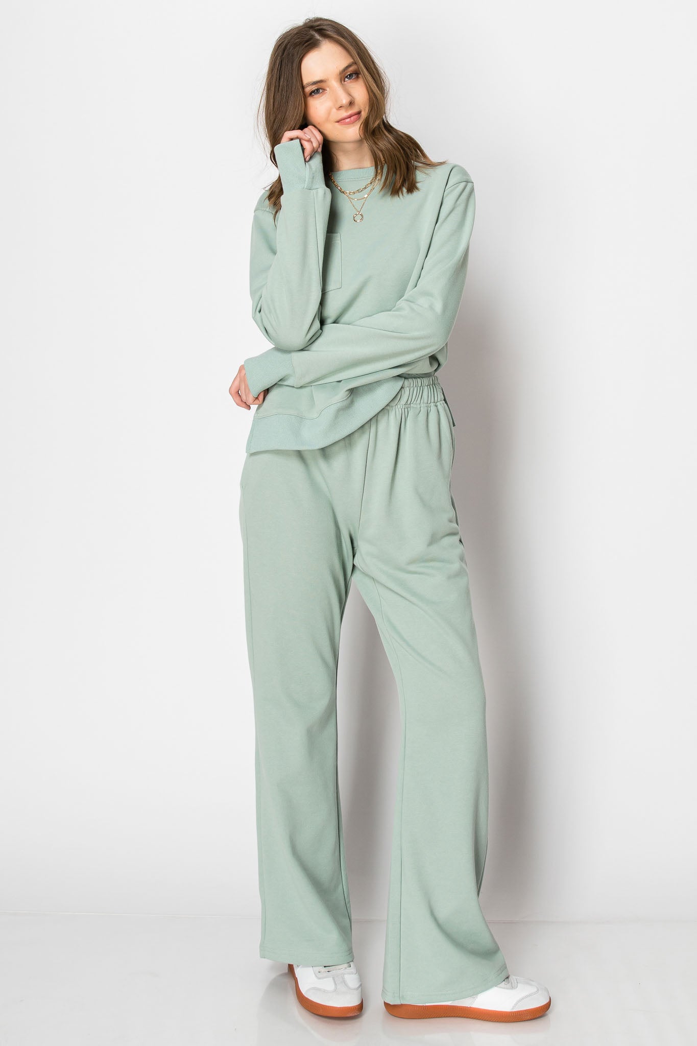 LONG SLEEVE FRENCH TERRY CASUAL COZY FALL LOUNGE SET  CREW NECK WIDE