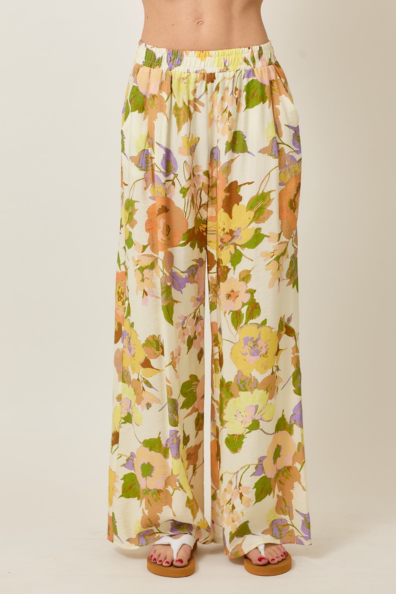 FLORAL ELASTIC WAISTBAND WIDE LEG PANTS WITH POCKET