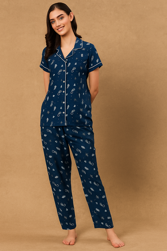 Cosmic Navy Blue Pajama Set with Fun Starry Print for Relaxed Nights