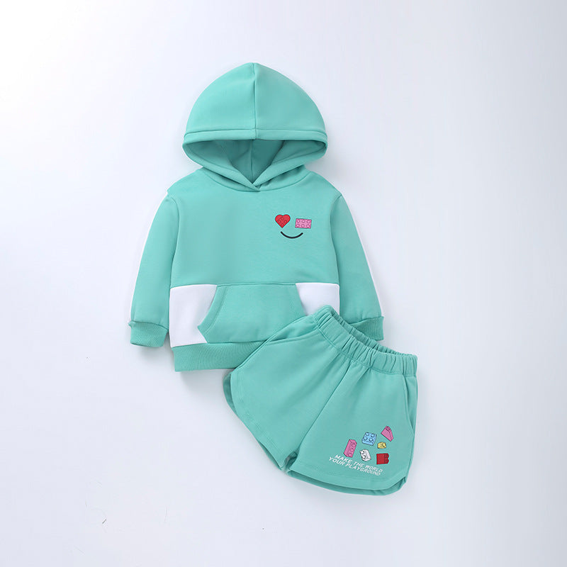 Baby Girl Letter Print Pattern Colorblock Design Hoodies With Shorts 2